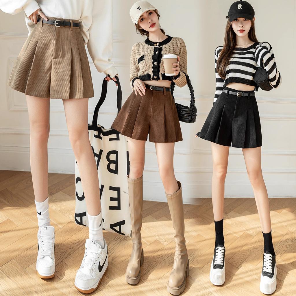 Corduroy Pleated Skirt Trousers for Women Autumn Winter High-Waisted Slimming Shorts Simple Versatile A-Line Casual All-match Versatile Trousers