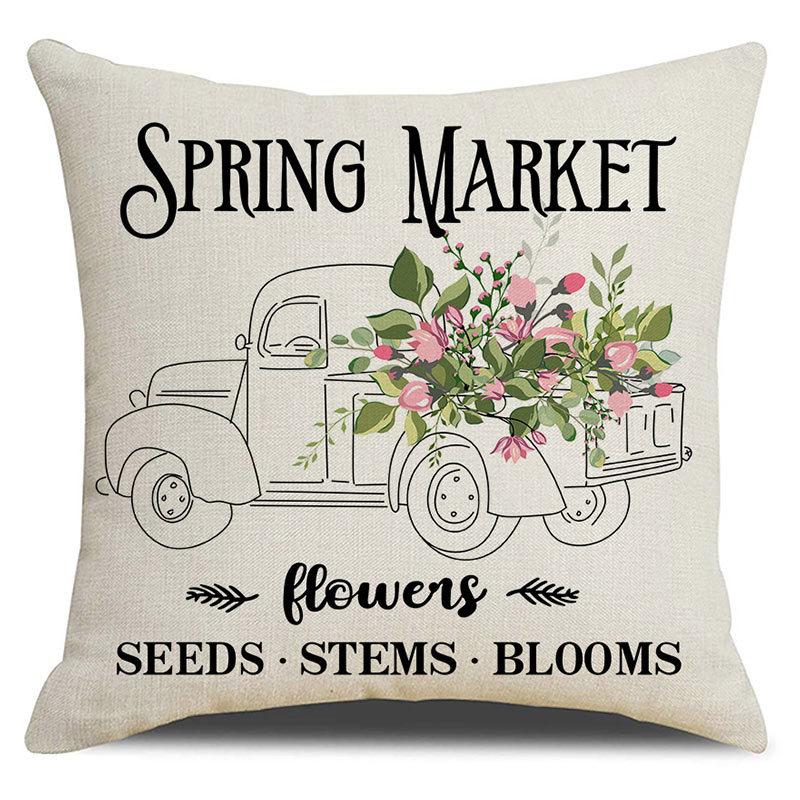 Seasons Throw Pillow Cover Spring Linen Flowers Truck Cushion Office Throw Pillow Cushion Throw Pillow Cushion