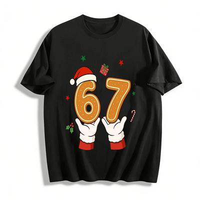 Christmas Gingerbread Number 67 Santa Gloves Graphic Casual Top Pure Cotton T-shirt