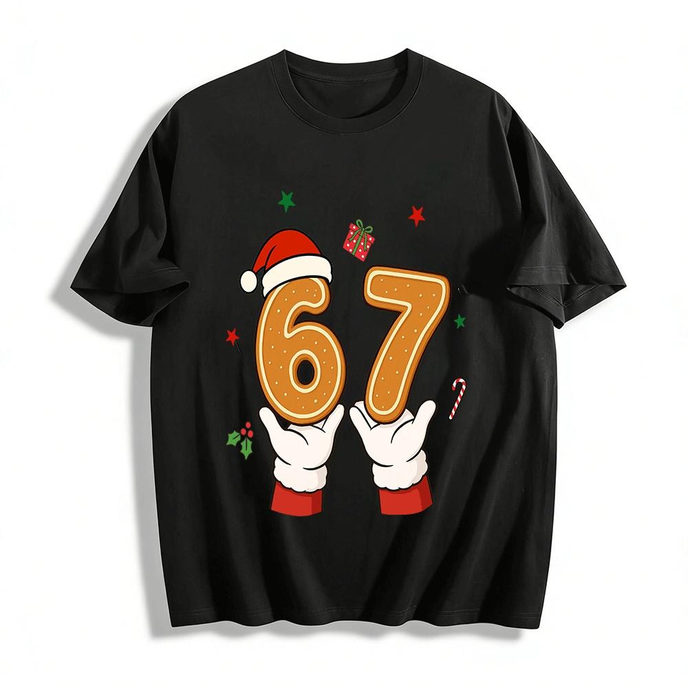 Christmas Gingerbread Number 67 Santa Gloves Graphic Casual Top Pure cotton T-shirt XXS