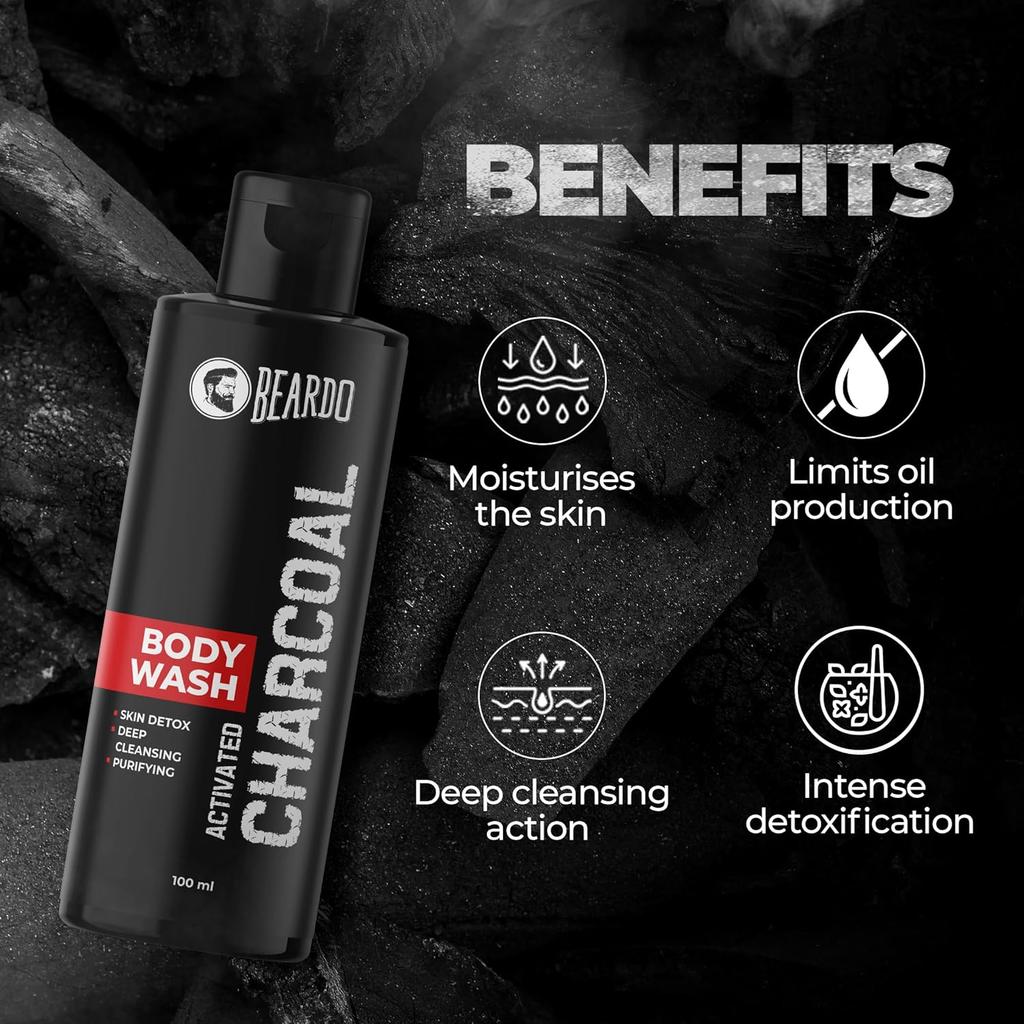 Beardo Activated Charcoal Body Wash100ml With Silicone Scrubber For Men Deep Cleaning Oil Control Daily Use Set 1