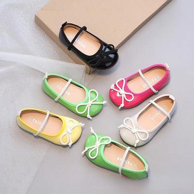Kids Leather Shoes 2024 Spring/Autumn Girls Flats with Simple Lacing Bow Round Toe Soft Sole Colored Princess Shoes for Show