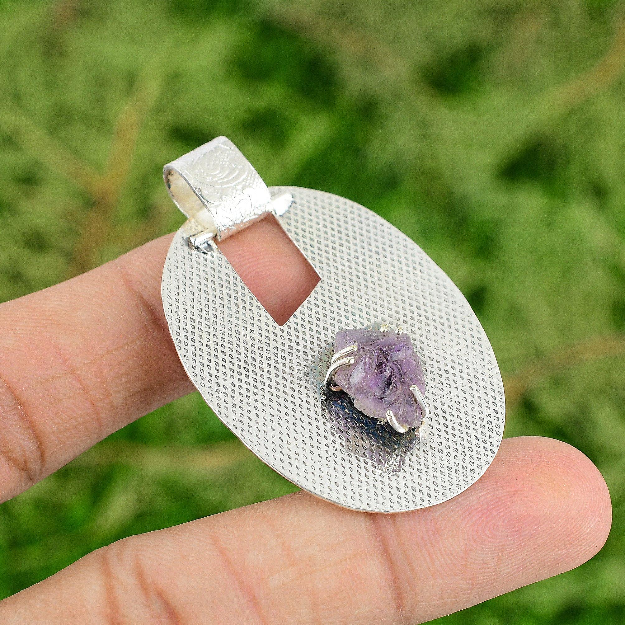 

925 Sterling Silver African Amethyst Rough Gemstone Trendy Wife Pendant Jewelry