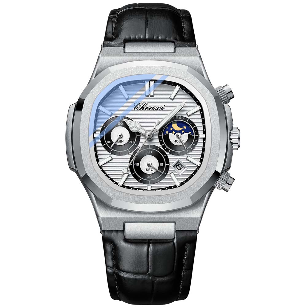CHENXI Multifunctional Men's Watch True Three Sub-dials Six Hands Calendar Moon Phase Chronograph Octagonal Quartz Watch Reloj