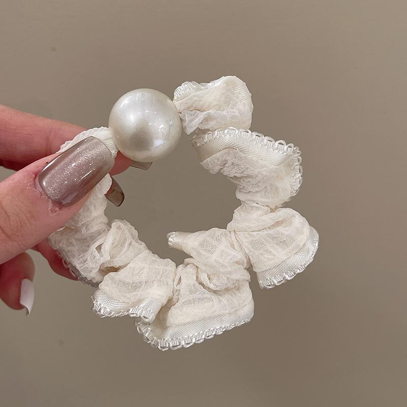 

New Simple Lace Pearl Alloy Hair Ties for Children High Elasticity Black and White Versatile Women s Hair Bands бежевий
