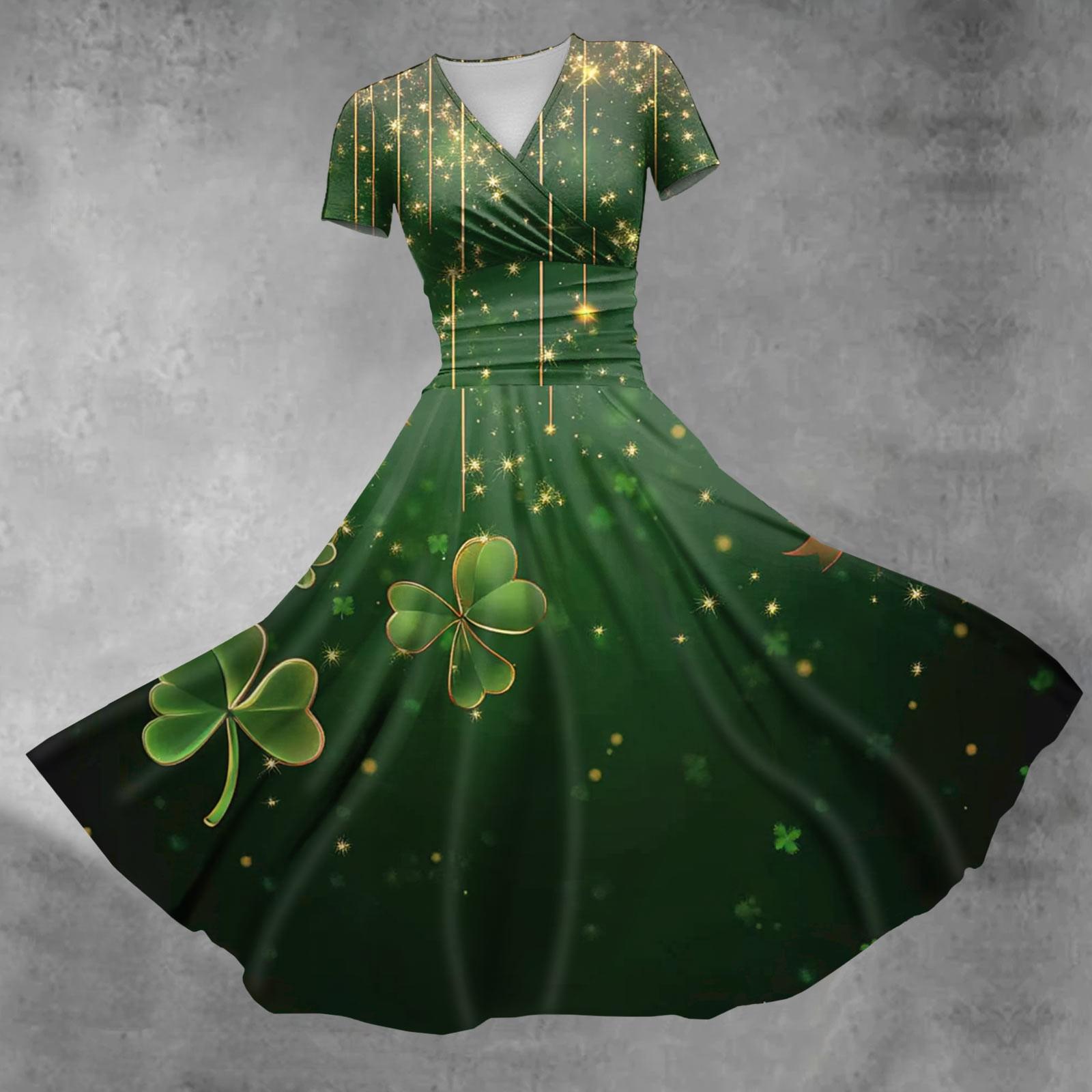Women s V-neck St. Patrick s Day Printed Waisted Shirred Short Sleeve Dress L