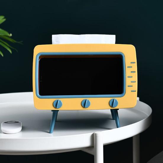 Tissue Box Holder Retro TV Shaped Tissue Case with Cell Phone Holder Multi-Functional Toilet Paper Napkin Dispenser for Room Bedroom Bathroom Dining