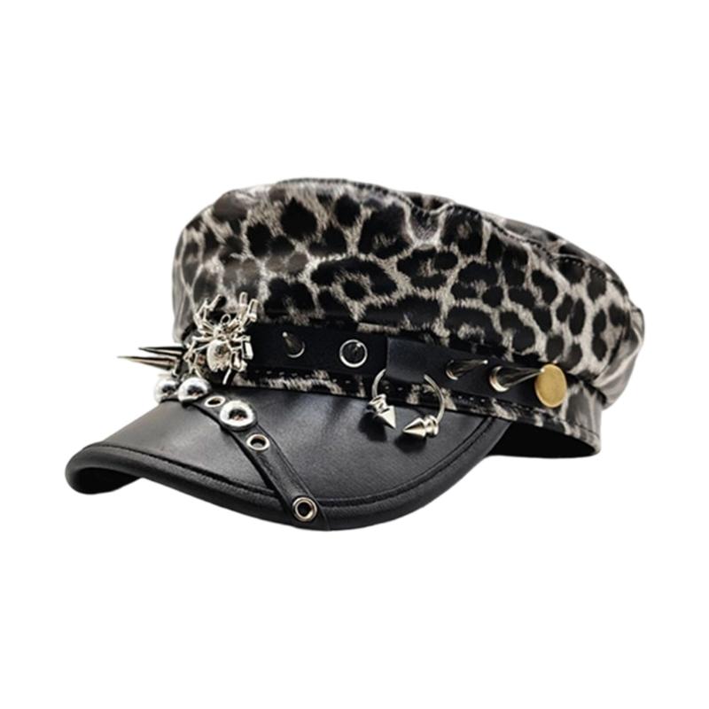 Elegant PU Leather Beret Hat with Rivet Studded Hat Belt for Fashion Comfortable Wear for Autumn Winter Punk Headwear