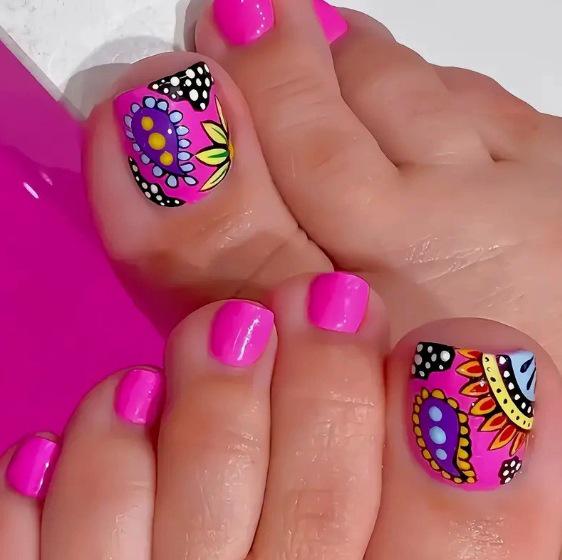 European-American Pink Floral Press-On Toenails - Short Square & Removable