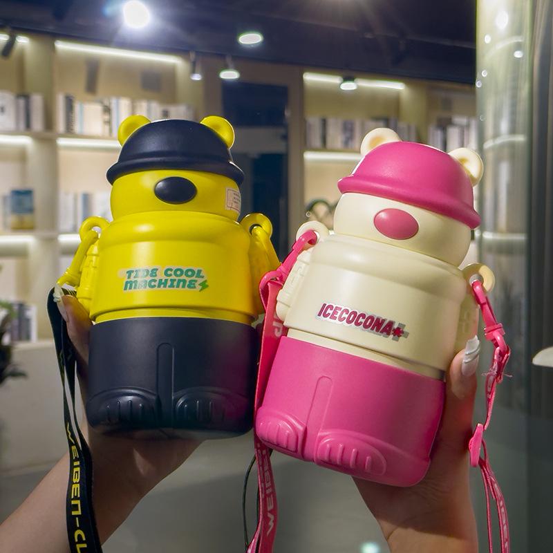 Láhev na vodu Kreslené Nerezová vakuová baňka Káva Mléko Cestovní šálek slámy Medvěd Láhev na vodu Izolovaná termoska