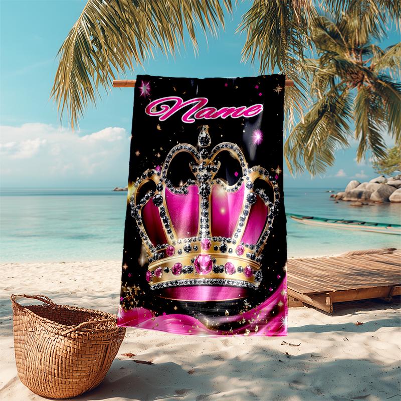 1PC Custom Name Crown Sparkle Princess Theme Beach Towel Highly Absorbent And Sand-Resistant Towel for Swimming, Pool, Yoga, And Travel Lightweight