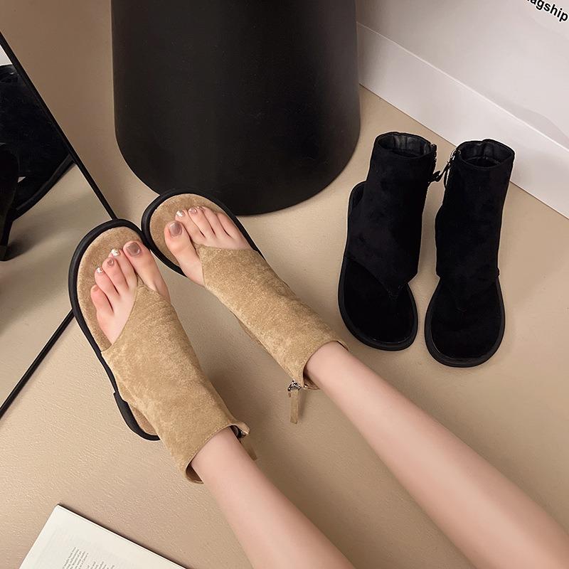 Versatile Thin Spring and Autumn Thin Toe Round Head Sandals Women's Versatile Low Heel Short Cool Boots Fashionable Single Shoes Women