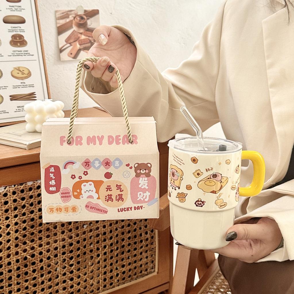 Ceramic Straw Cup with Lid High-value Kapibara Water Cup Children's Household Mug for Girls