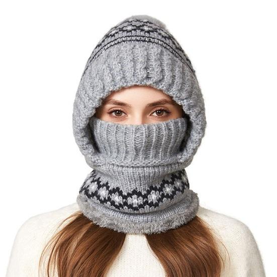 

Knitted Hat Three-in-One Scarf Hooded Design Headgear Patchwork Color Fleece Lining Windproof Winter Headwear