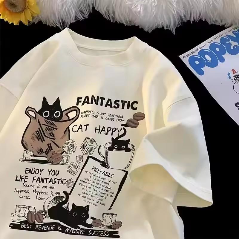 90S Black Cat Pixel Women Print TShirt Summer Girl Round Neck Fun Psychedelic Black Cat Casual Y2K Harajuku Top Graphic Tees