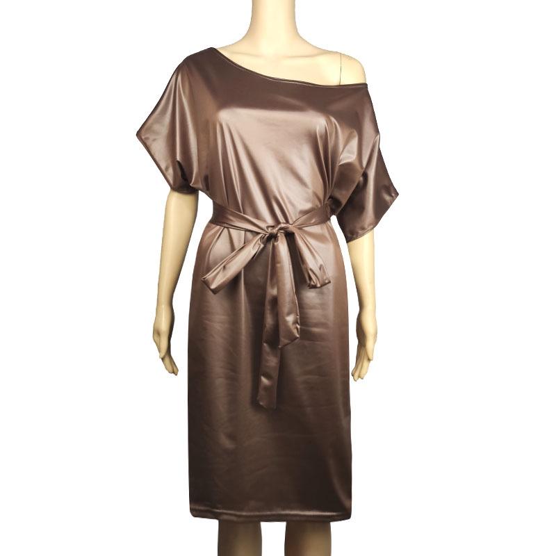 New Fashion Faux Leather Dress - Elastic Diagonal Neck & Batwing Short Sleeve