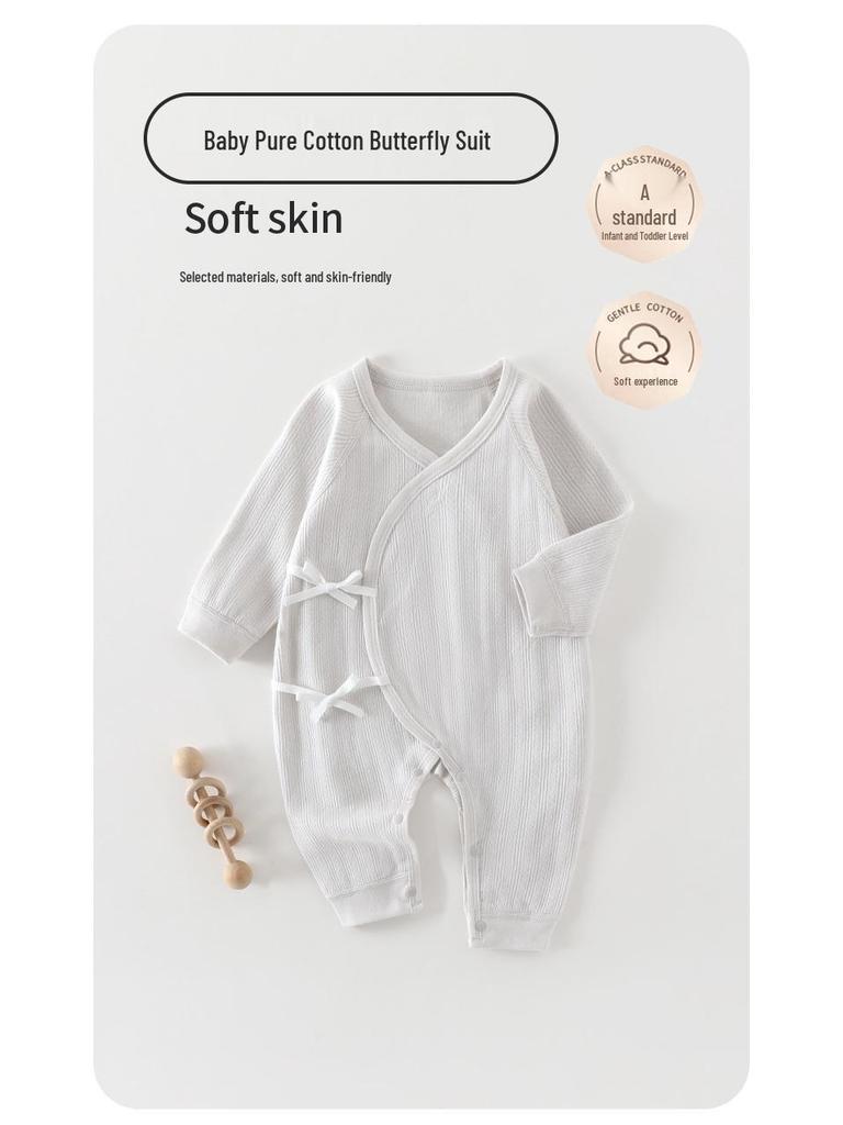 Pure Cotton Long-Sleeve Butterfly Bodysuit for Infants and Toddlers - Belly Protection, Lace-Up Design, One-Piece Home Wear, Spring