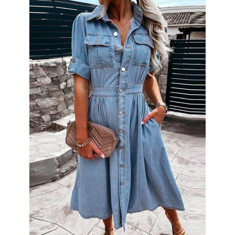 Fashion Street Polo Collar Single-Breasted Waist Slim Looking Blue Temperament Leisure Short Sleeve Mid Length Long Length Denim Dress