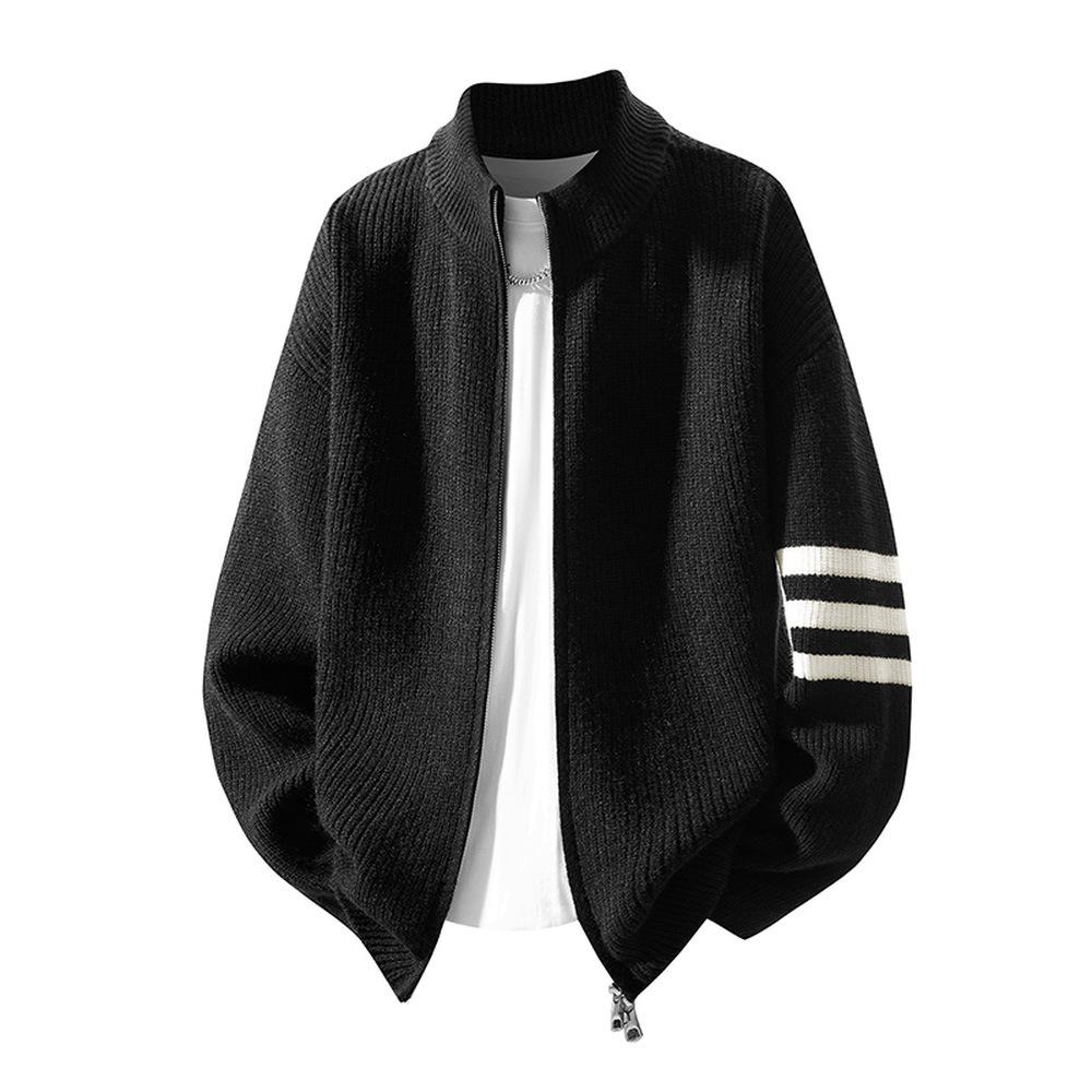 

Men s Stand Collar Knit Sweater Cardigan - Three-Bar Stripe, Autumn/Winter Collection, Loose Fit. M чорний
