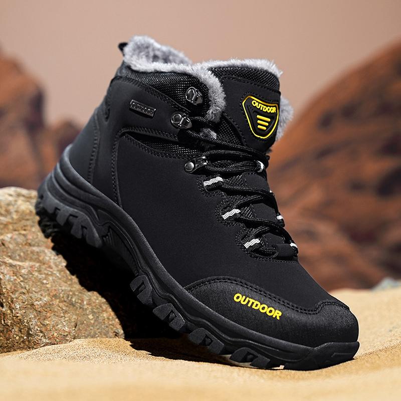 TUINANLE Fashion Winter Warm Plush Fur Snow Boots Lace Up Leather Men Boots Outdoor Cotton Shoes Walking Hiking