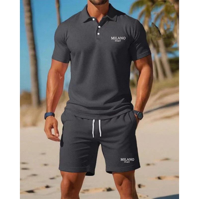 Men's Casual Summer Two-Piece Set: Short Sleeve Polo & Shorts with Letter Print
