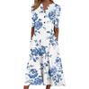 Floral Print V-Neck Mid-Sleeve Casual Dress with Pockets, Button Front, Loose Fit - White/Light Blue/Pink