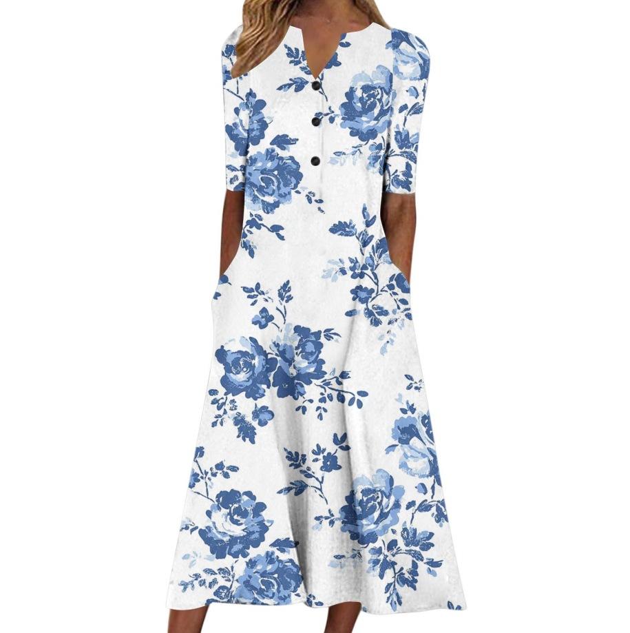 Floral Print V-Neck Mid-Sleeve Casual Dress with Pockets, Button Front, Loose Fit - White/Light Blue/Pink