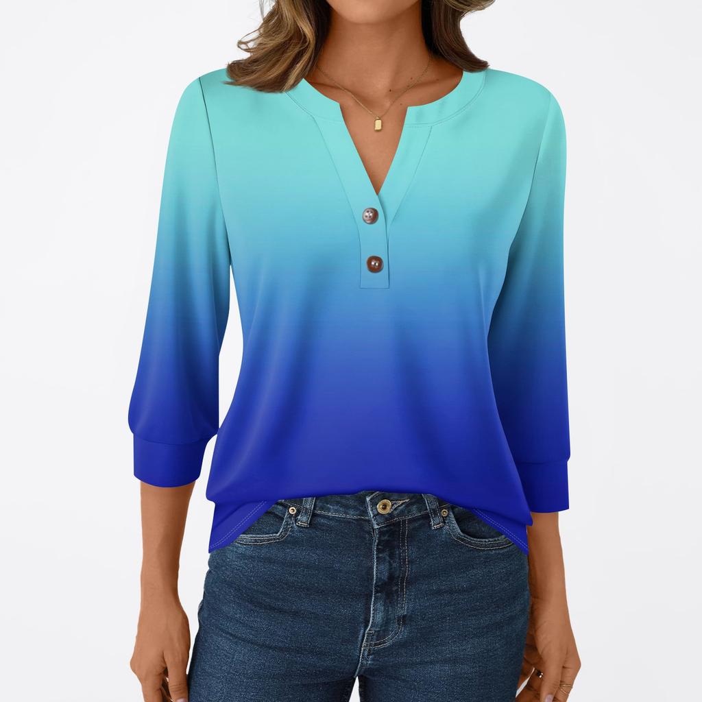 Women's Fashion Casual 3/4 Sleeve T-Shirt Prints V-Neck Button Top
