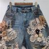 2026 Summer Ripped Denim Patchwork Shorts with Lace and 3D Floral Art