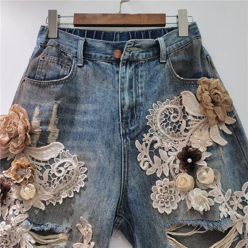 2026 Summer Ripped Denim Patchwork Shorts with Lace and 3D Floral Art