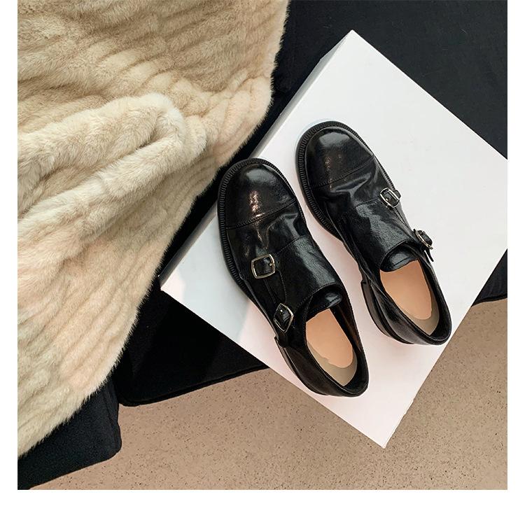 Strictly selected grape mother horse leather shrink pattern round head thick heel small leather shoes British style heightening effect loafers women's