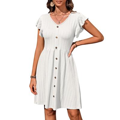 Summer Women's V-Neck Button Waist Stretch Short Sleeve Dresses