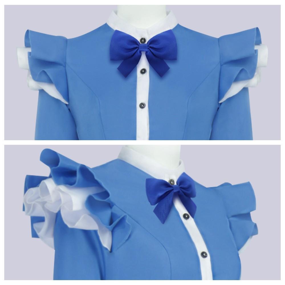 Maid Dress Blue And White Ruffled Bow Long Lolita Dress Red Double Ponytail Curly Wig Cosplay Halloween-themed Party Costume