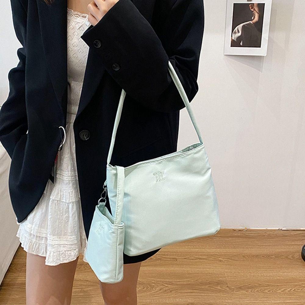 Handtasche Nylon Tragetasche Einfarbige Stoff Umhängetasche Mode Stickerei Buchstabe Unterarmtasche Mädchen