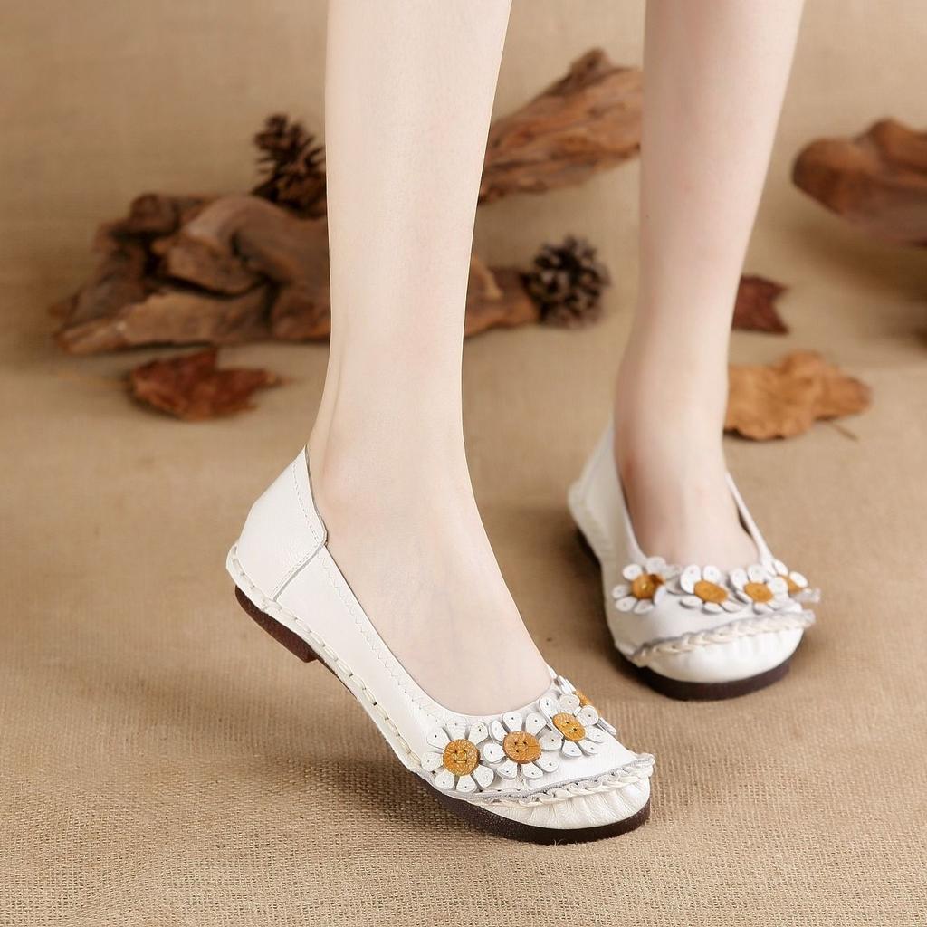 Vintage Flower Moccasins Woman Genuine Leather Ballet Flats Ladies Hollow Slip Women's Luxury Loafer Purple Walking Shoes 42