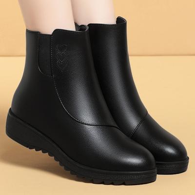 Mamas Kurze Stiefel Weiches Leder Baumwollschuhe Keil Plüsch Winterstiefel Für Mittelalte und Ältere Menschen Rutschfest Flache Damenstiefel