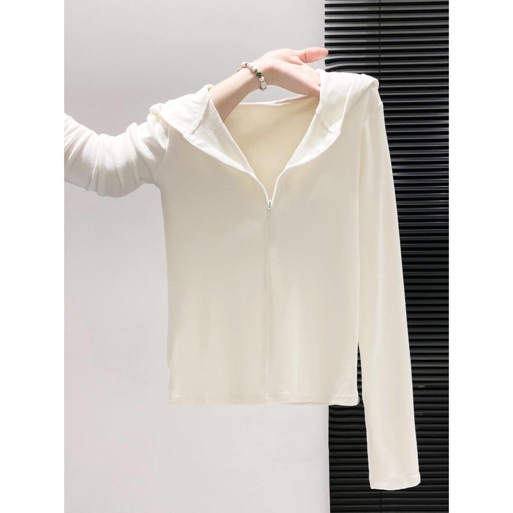 Women's Petite Slim Fit Hooded Half-Zip Long-Sleeve T-Shirt - Ideal Base Layer for Spring, Autumn, Winter