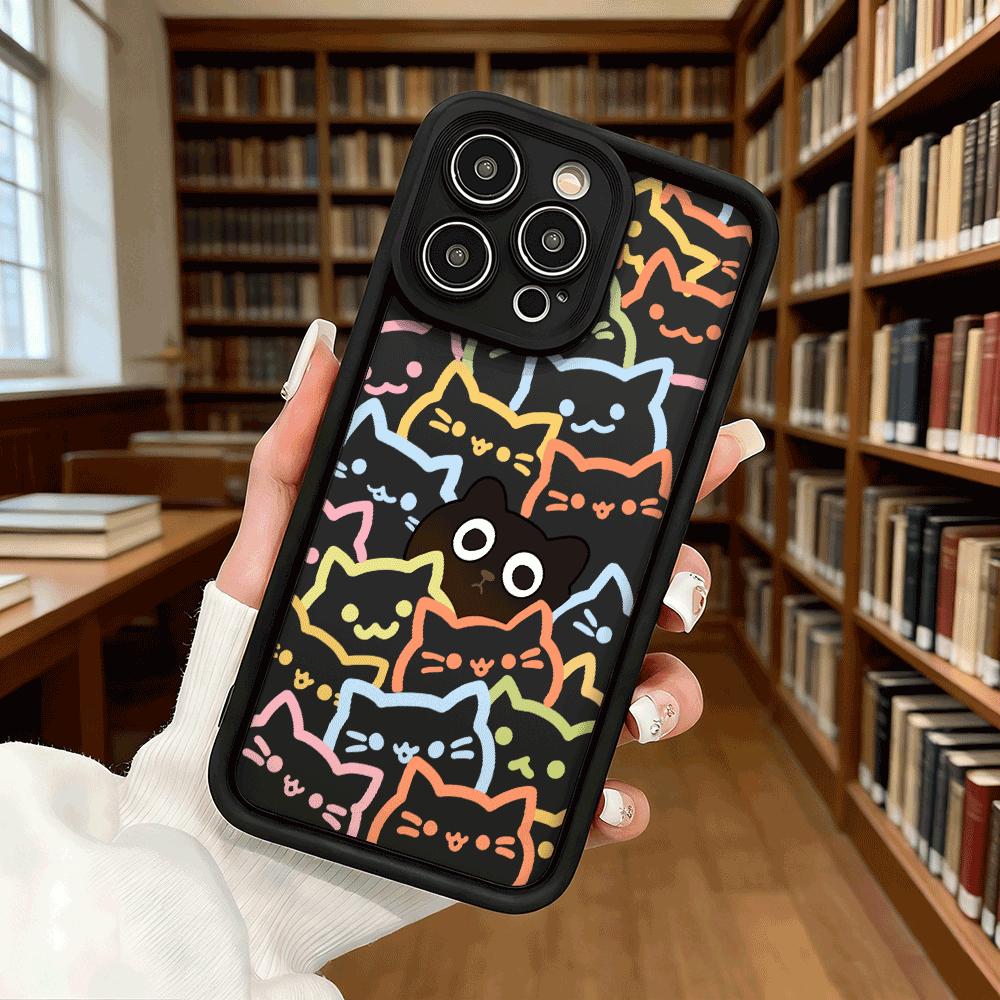 Colorful Cat Pattern with Black Cat Soft TPU Phone Case for iPhone 17 16 15 14 13 12 11 Pro Max Plus Shockproof Anti-Slip Cover