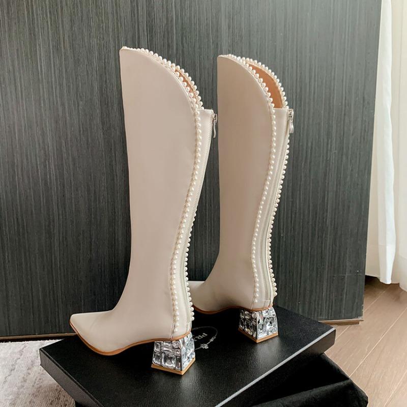 Fashion Black White Cowhide Pearl Edge Retro Knee High Boots New Autumn Winter 5.5cm Low Heel Commuting Shopping Fashion Warm Long Boots