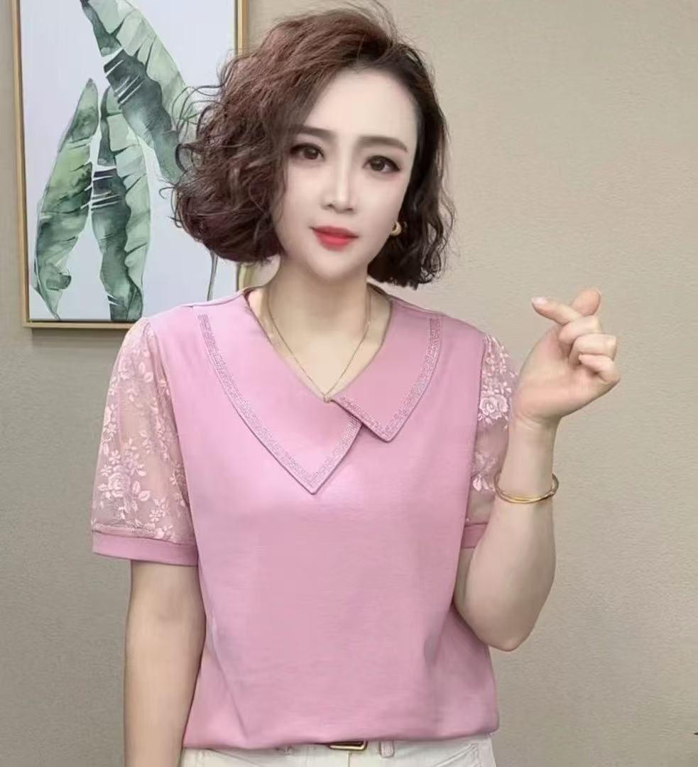 

2025 Summer Chic Solid Color Irregular Neckline Slimming Short Sleeve Blouse 5XL розовый