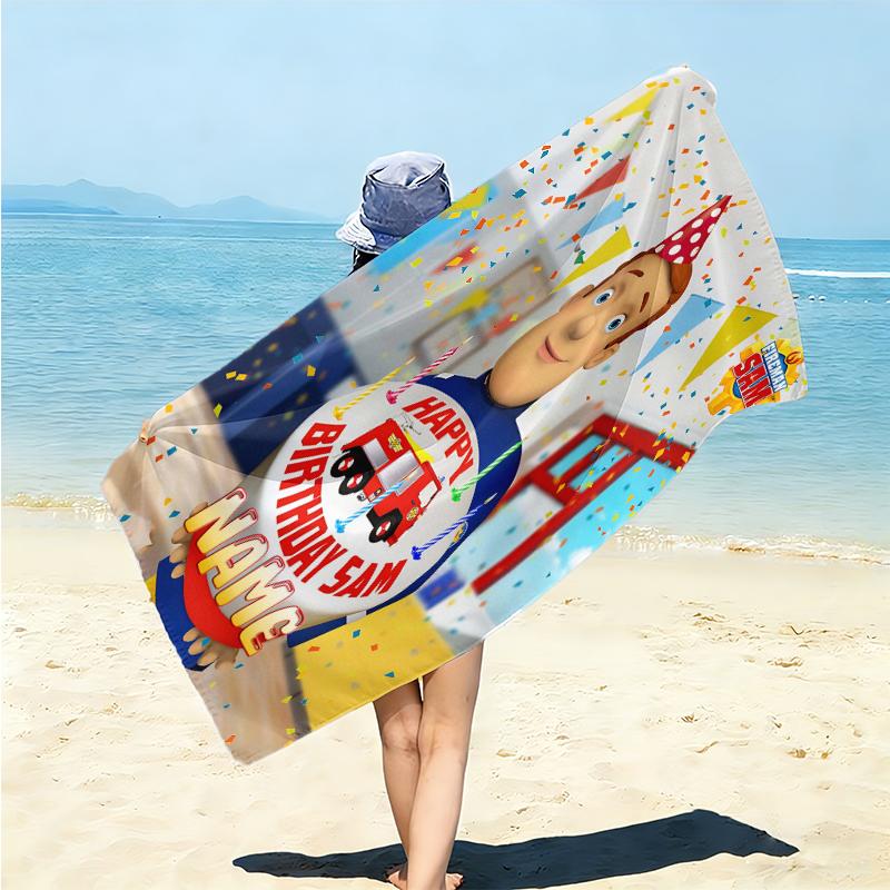 Personalized Fireman Sam Birthday Bash Beach Towel Microfiber Beach Towel Thin Absorbent for Beach Swimming Yoga Bath Sports. 0910191