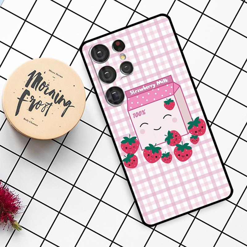Cute Strawberry Milk Box Case For Samsung Galaxy S25 Ultra S23 S22 S21 S20 S24 Ultra S9 S10 Plus S25 FE Phone Cover