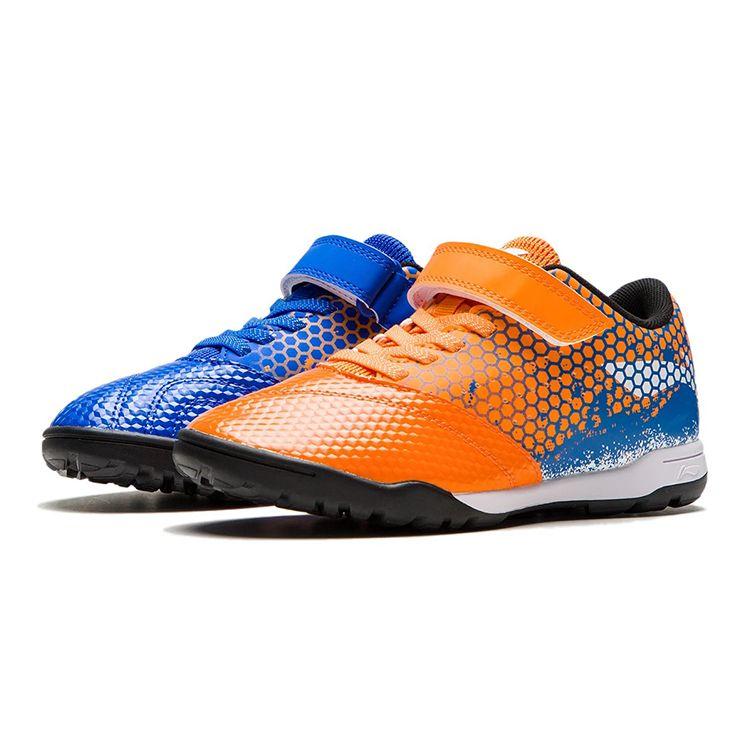 Li Ning Kids Assault Velcro Non-Slip Shock Absorbing Durable Lightweight Low-Top Soccer Shoes Kids Soccer Shoes Blue Orange YKGS004-1