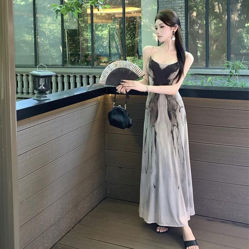 French High-end Temperament Cutting Hand-painted Ink and Wash Butterfly Dress Women's Light Luxury Spice Girl Suspender Long Dress A-shaped Skirt
