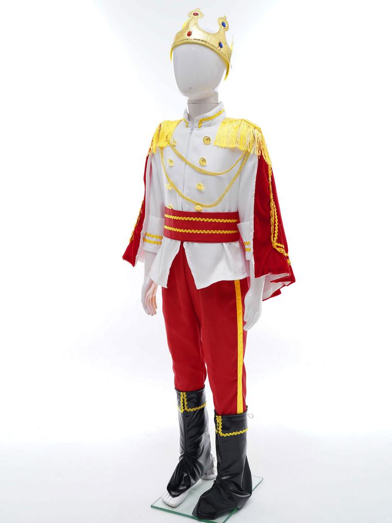 Kids Boys Medieval King Cosplay Costume Tops With Pants Belt Cape Headband Truncheon Socks Set Royal King Prince Roleplay Outfit