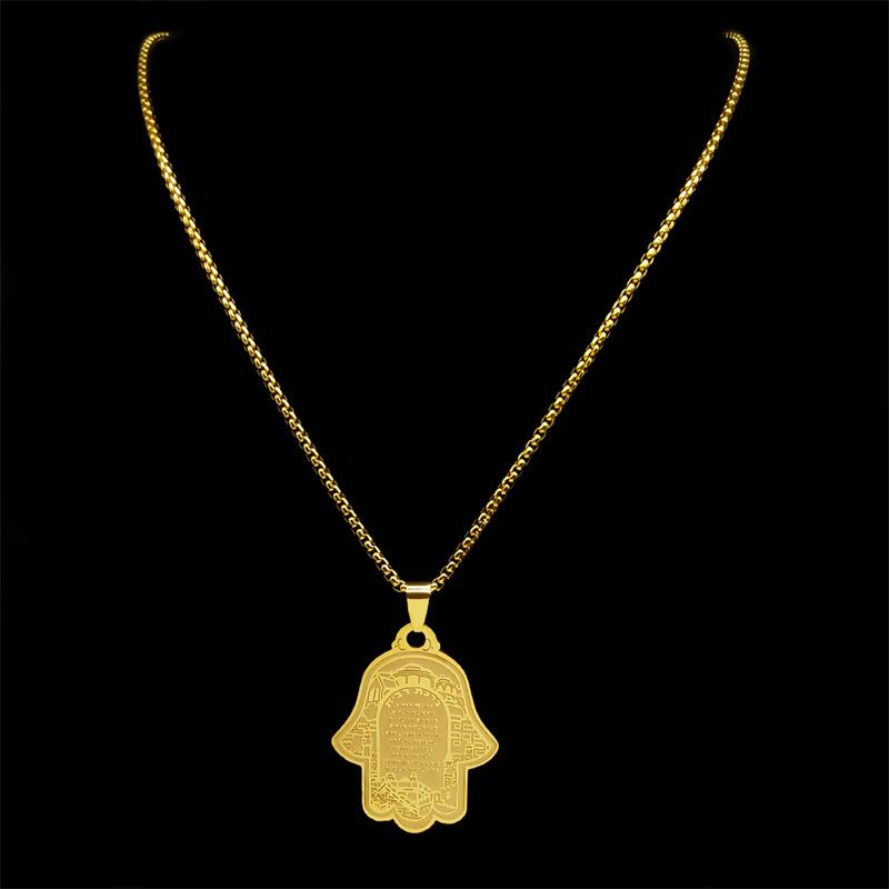 Hamsa Hand of Fatima Scripture Pendant Necklace for Women Men Stainless Steel Gold Color Hebrew Judaism Je Chain Jewelry