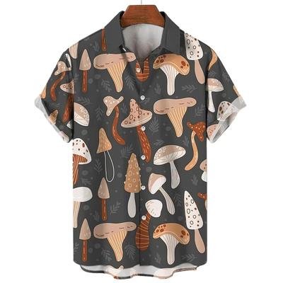Herrenhemd 3D Pilz bedrucktes Hemd für Herrenbekleidung Lustiges übergroßes kurzärmeliges hawaiianisches Strandhemd Urlaub Y2k Hemd