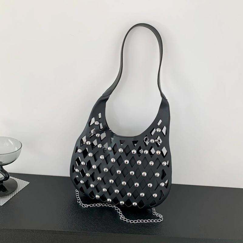 Solid Color Hollow Pu Shoulder Bag For Women Hobo Bag With Rivet Fashionable Chain Designer Style Premium 2390₽