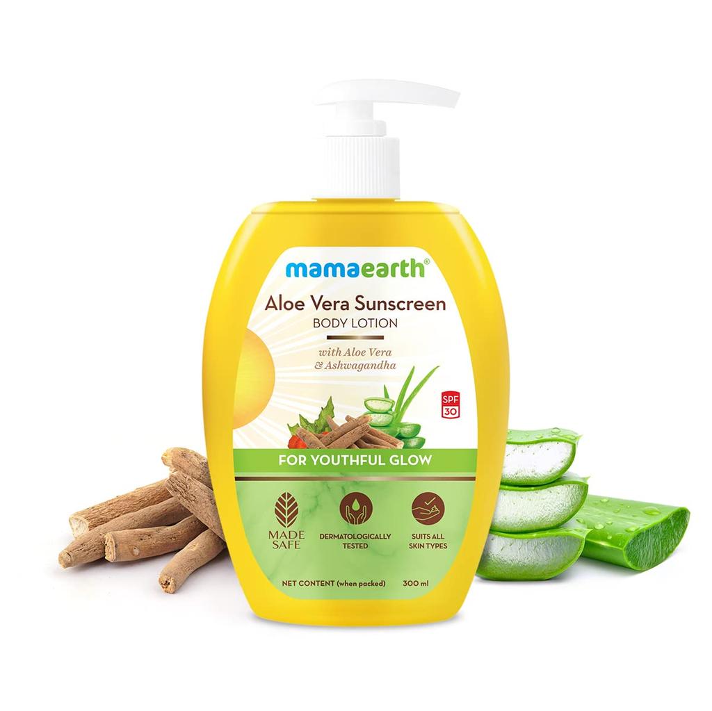 Mamaearth Aloe Vera Sunscreen Lotion SPF 30 Pack Of 2 – Youthful Glow, UV Protection, Prevents Tanning, 300ml Each