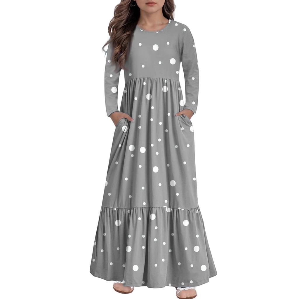 Girls' Maxi Dress Casual Holiday Dresses - Long Sleeve Dress With Pockets For 4-14Y